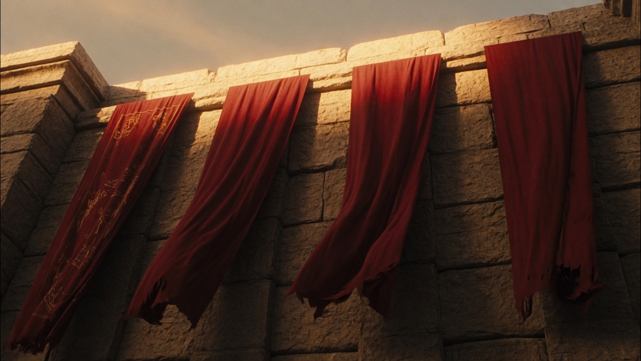 Red banners on an ancient wall
