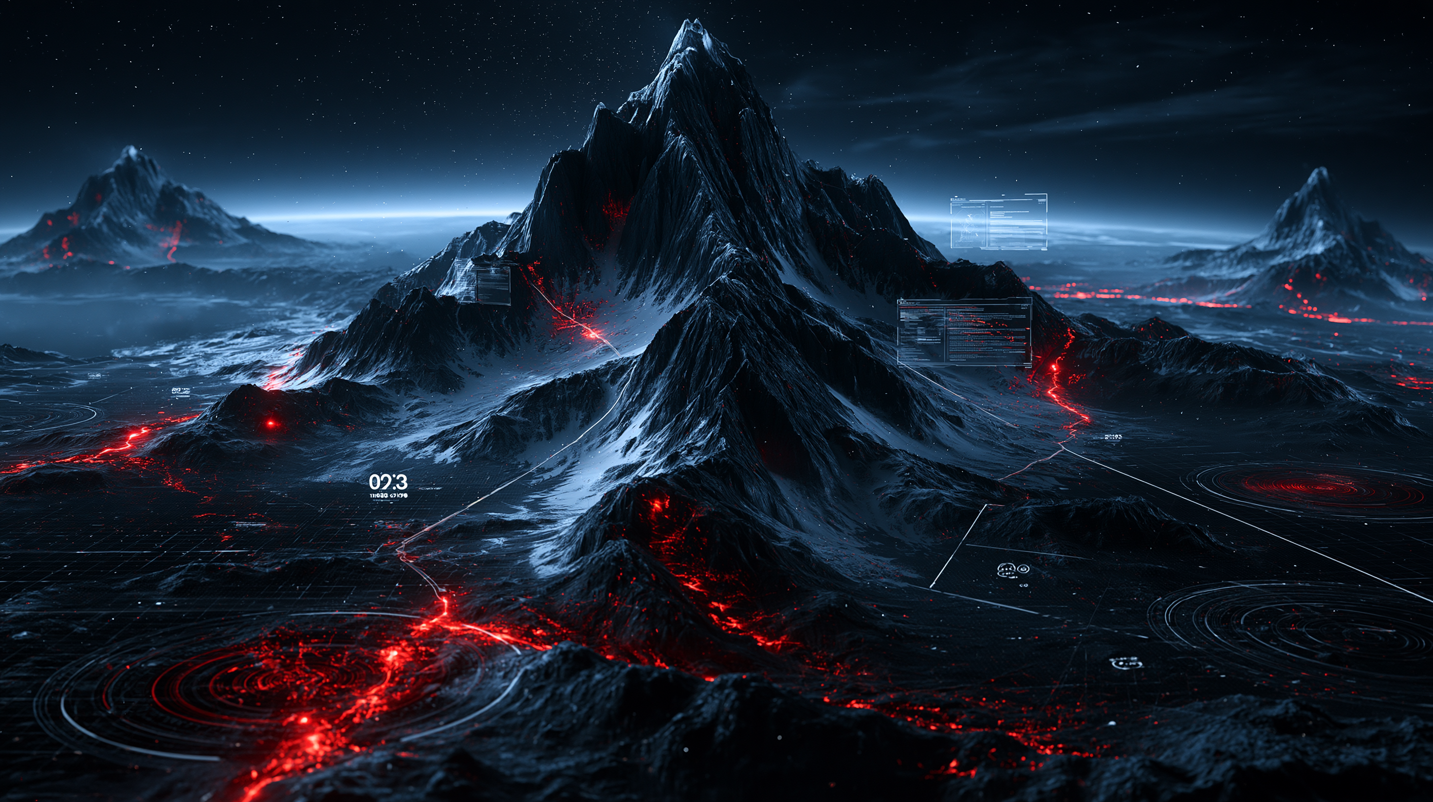 Dark mountain range laced with red data lines